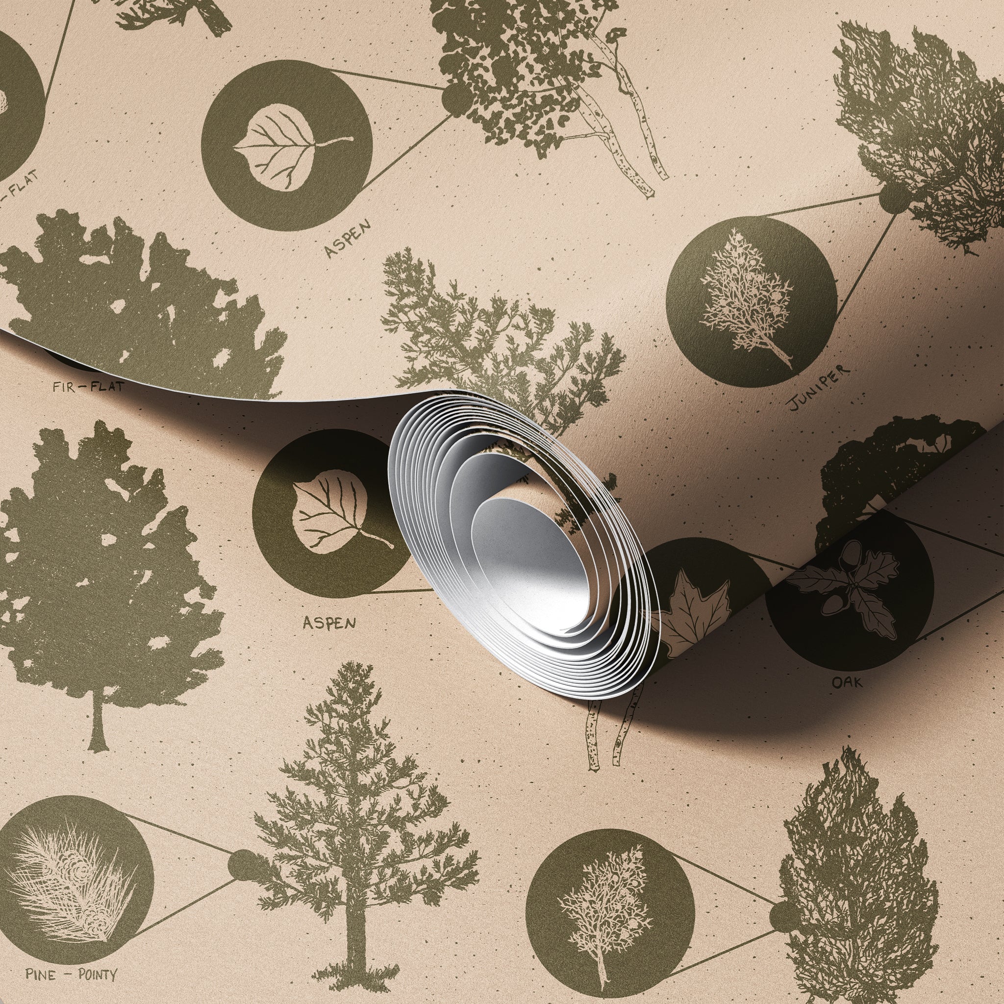 A room with white walls covered in a blue and brown nature-themed wallpaper featuring hand-drawn illustrations of trees and leaves. The room also has wooden furniture and a patterned area rug.